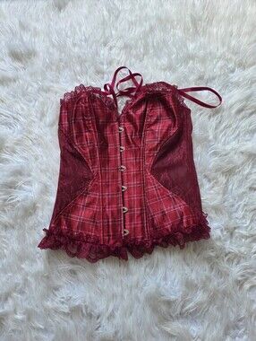 Adore Me Red Plaid Lace-Trim Corset Chemise